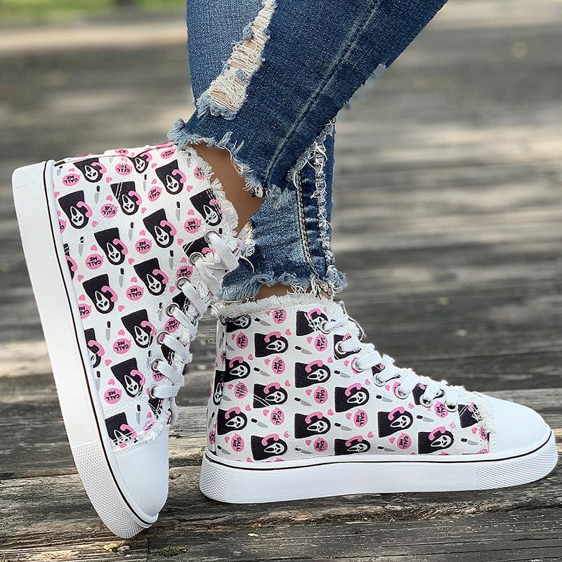 Women's Board Shoes Printed Large Size High-top Canvas Shoes Flat-soled Lace-up Casual Shoes