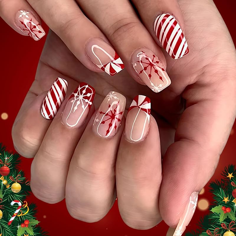Christmas Press on Nails Short Square Red Fake Nails with Candy Cane Line Snowflake Glossy Designs Full Cover Press ons False Nails for Women 24 Pcs