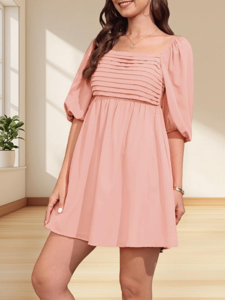 Womens Square Neck Babydoll Dress Puff Sleeve Smocked Backless Mini Dress