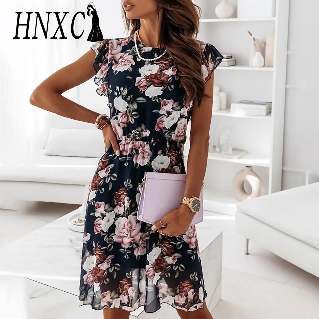HNXC Fashion Women Casual Loose O-Neck Butterfly Sleeve Floral Print Dress