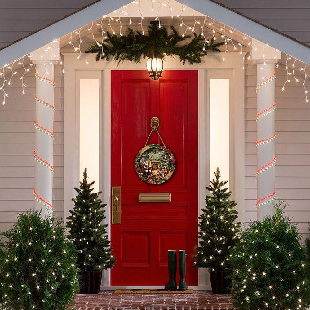 Vintage Santa Fireplace Christmas Round Wooden Hanging Sign, 2D Flat Printed Floral Wreath Front Door Decor, Xmas Gift Tree Wall Ornament Gift
