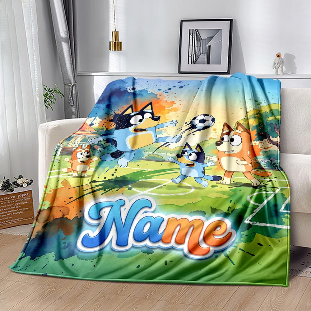 Bluey's Soccer Adventure Customize Your Name Blanket Gift Personalized Blanket Comfortable Versatile for Office Chair Couch Nap Picnics