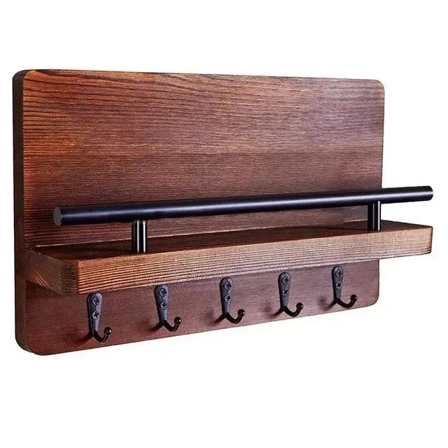 Wooden Wall Key Holder, Decorative Key and Mail Holder with Shelf Has Large Key Hooks for Bags, Coats, Umbrella