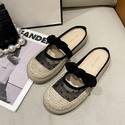Mode Damen Mullbedeckte Kopf Halbschuhe Sommer Neu Runde Zehen Dicke Sohle Atmungsaktiv Schleife Sandalen