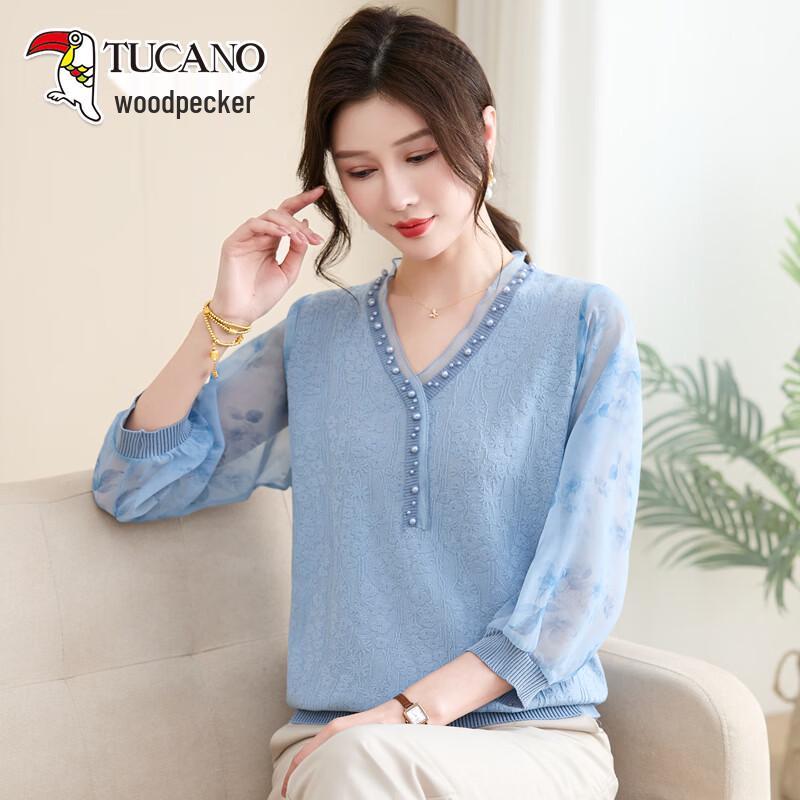TUCANO Women s Floral Beaded Mesh V-Neck 3/4 Sleeve Top 5XL