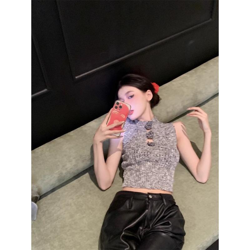2025 Spring/Summer Hong Kong Style Spicy Girl 3D Floral Hollow Cropped Slim Vest Trendy Knitwear