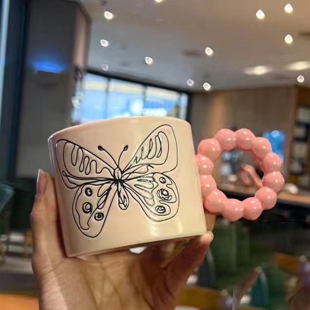 High Value Ceramic Cup Personalized Creative Mug Butterfly Cup Water Cup Pearl Handle Cup Afternoon Teacup Office Cup 301-400ml