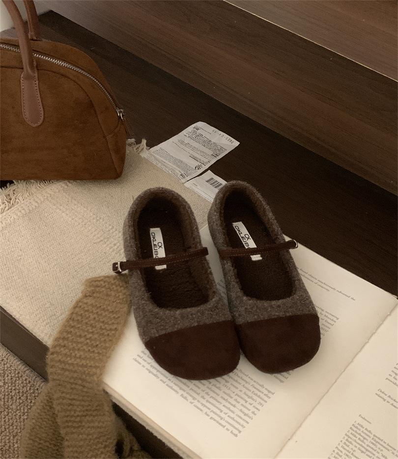 Classic single shoes light and comfortable low heel light mouth suede one-word buckle rubber round head small leather shoes women