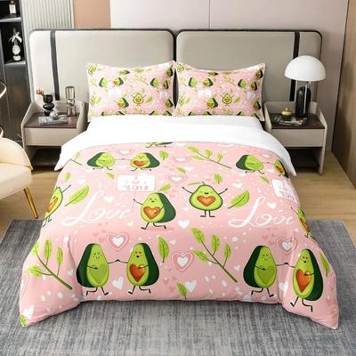 Bettbezug-Set mit Obstmotiv, süßes Cartoon-Avocado-Dekor, 3-teiliges Bettwäscheset mit 2 Kissenbezügen, Queen-Size-King-Size-Bett, Paprikagrün