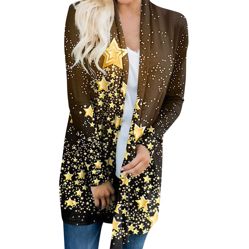 Cardigan feminino estampado de Natal com manga comprida e frente, blusa estampada e jaqueta leve