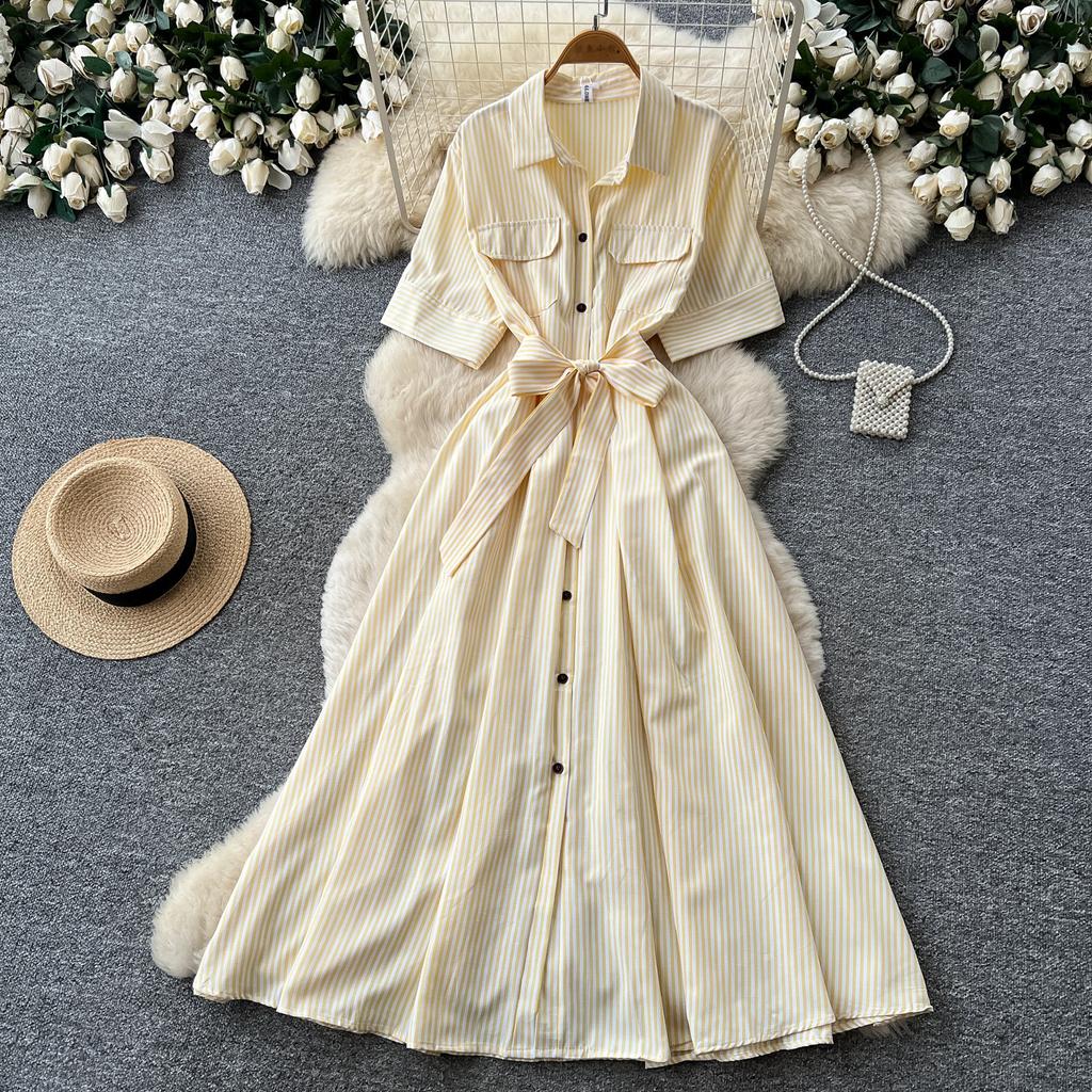 Commuter style short-sleeved A-shaped dress for women's summer light and mature style pink waist and thin elegant niche long skirt