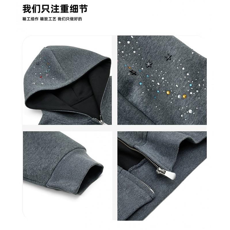 Unisex Oversized Hooded Zip-Up Sweatshirt With Rhinestone Embellishment Cotton Blend Casual Wear