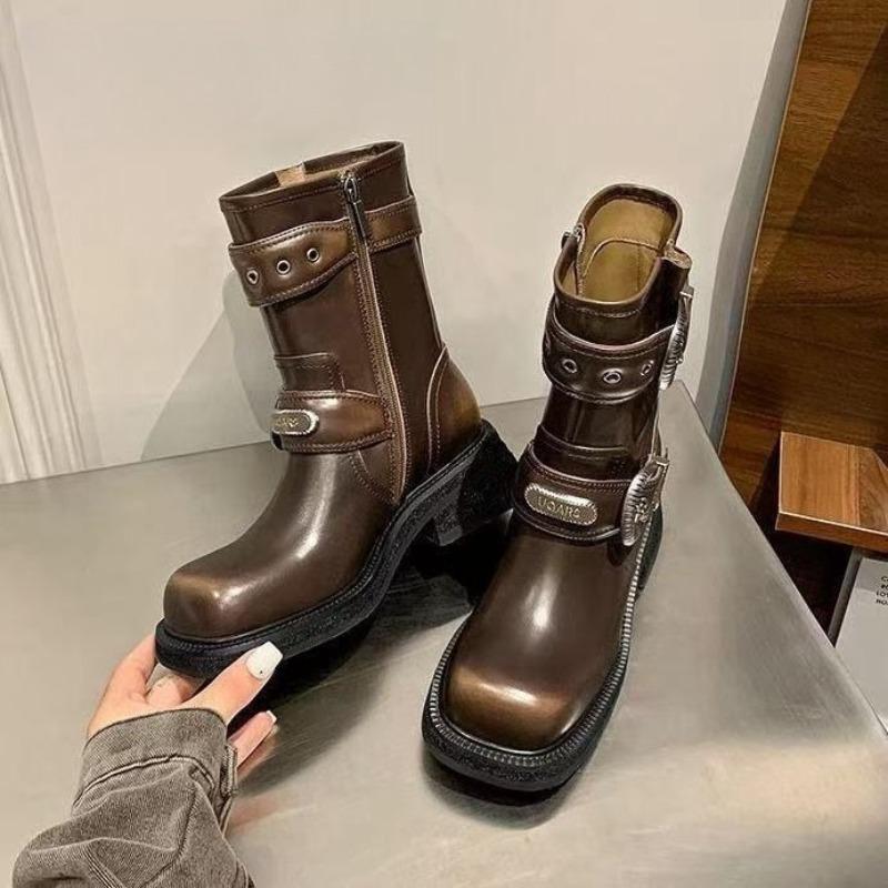 Middle Heel Square Toe Ladies Mid Calf Shoes Spring Autumn Leather Women's Half High Boots New In Trend 2025 Boot On Promotion