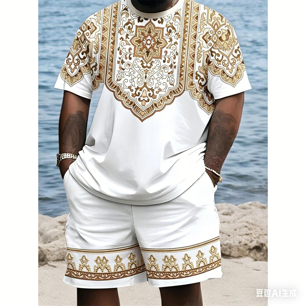 Men's Plus Size 3D Digital Print Short Sleeve Shorts Set, Ethnic Style, PLUS SIZE