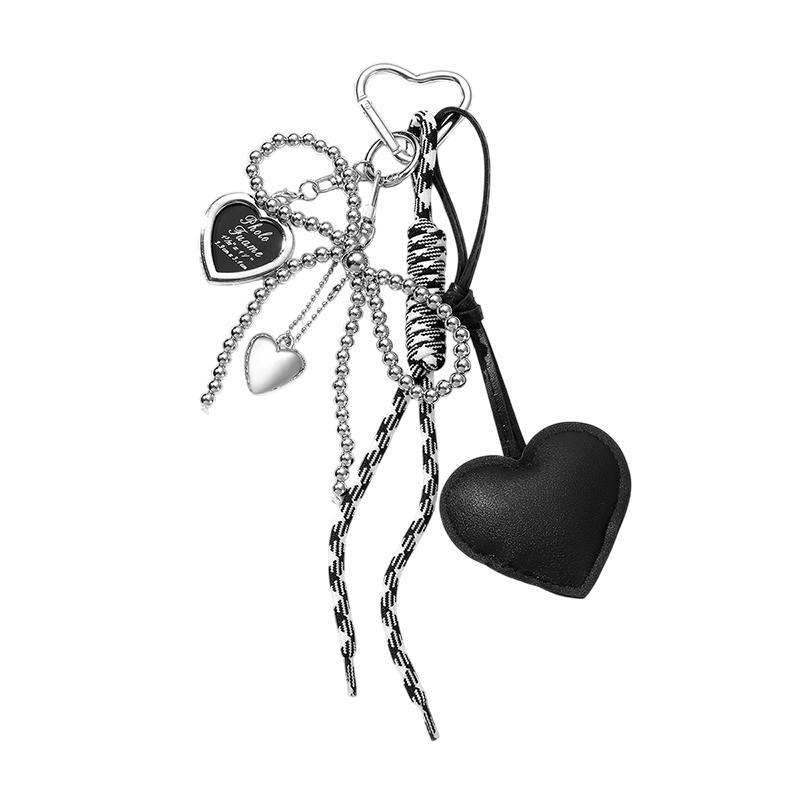 Korean Trendy Leather Heart Bow Keychain Delicate Beaded Keyring Car Key Holder Bag Pendant Decoration For Girls Gift