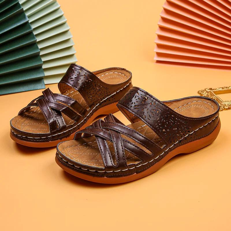 Móda Nové Dámské Prémiové Ortopedické Sandály s Otevřenou Špičkou Letní Vintage Protiskluzové Prodyšné Kožené Ležérní Dámské Platformové Retro Boty