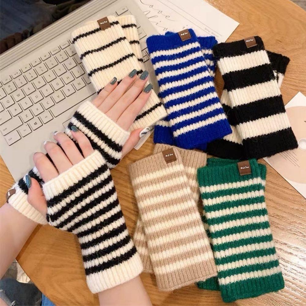 HOT Winter Half Finger Gloves Striped Fingerless Gloves Knitted Long Fingerless Gloves Arm Cover Elbow Mittens Winter Arm Warmer