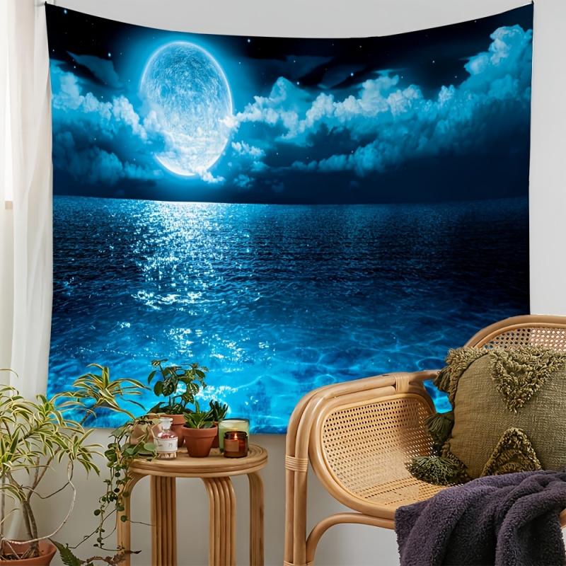 Blues Moonlight Sea View Tapestry Healing Series Moonnight Ocean Background Bunsen Style Atmosphere Room Decoration