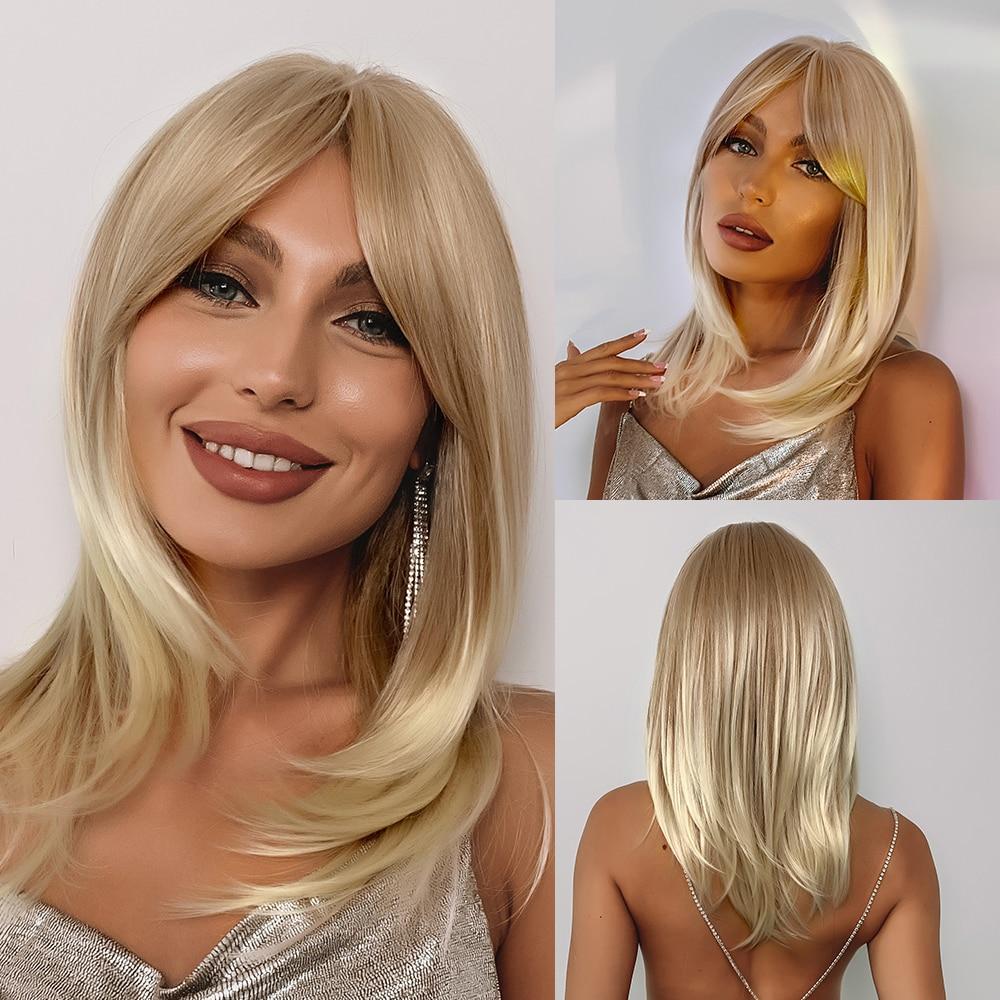 ALAN EATON Medium Length Brown Layered Synthetic Wig Ombre Straight Wigs with Bangs for Women Daily Use Soft Heat Resistant Hair