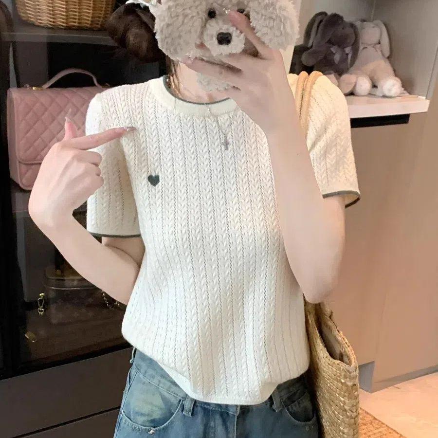 Chic Color Block Crew Neck Short Sleeve Knitted T-Shirt for Women - Preppy Style Summer 2025