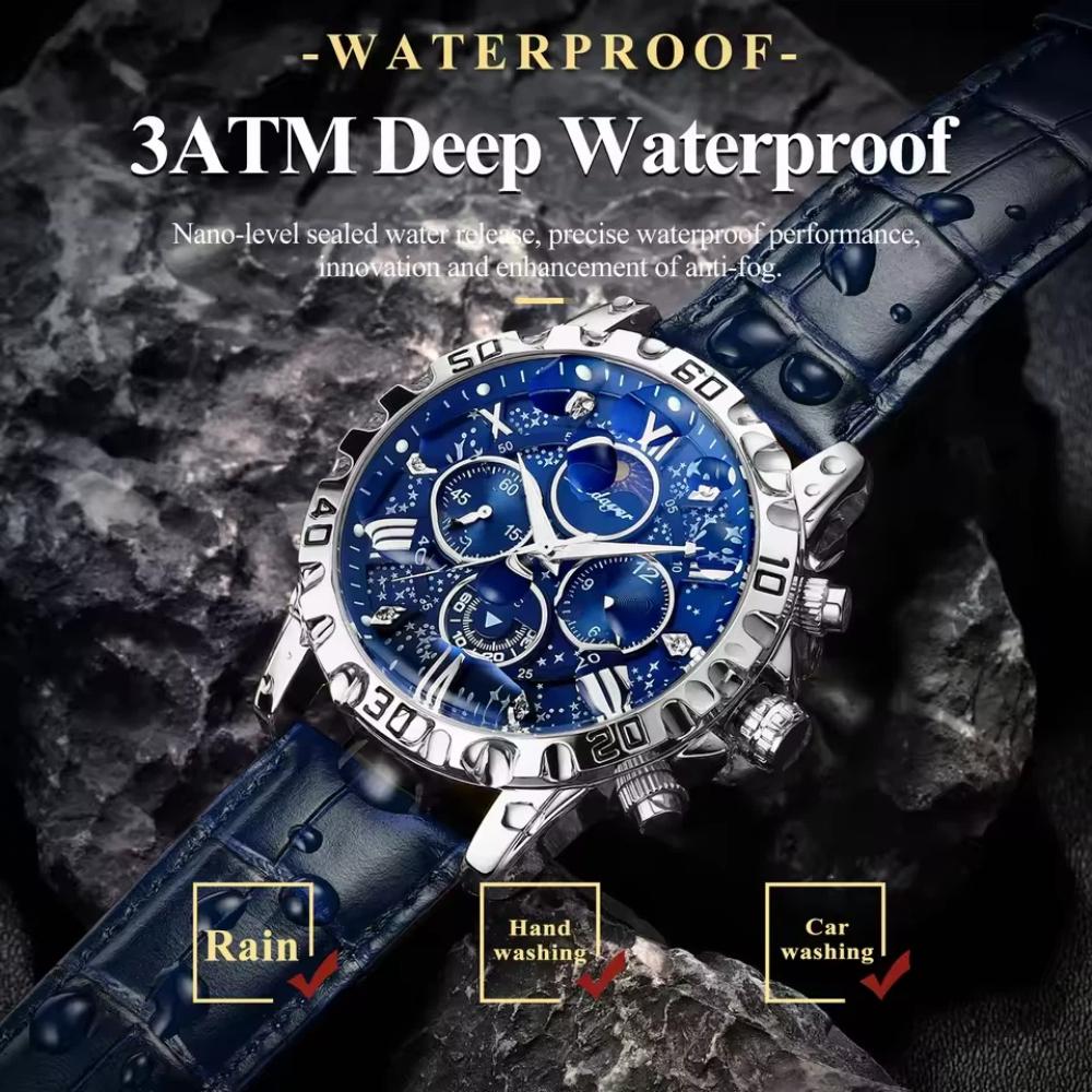POEDAGAR Original Military Man Wristwatch Waterproof Luminous Chronograph Leather Strap Watches for Men Quartz Watch Reloj