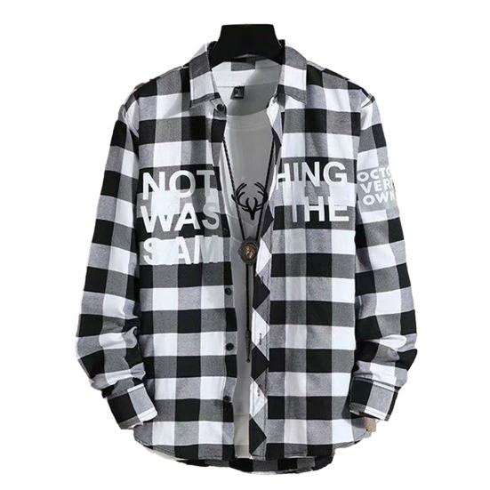 

Осенне-весенняя мужская рубашка с лацканами и длинным рукавом, однобортный клетчатый принт, теплый кардиган, одинаковые по цвету пуговицы, свободный мужской топ средней длины L чёрный