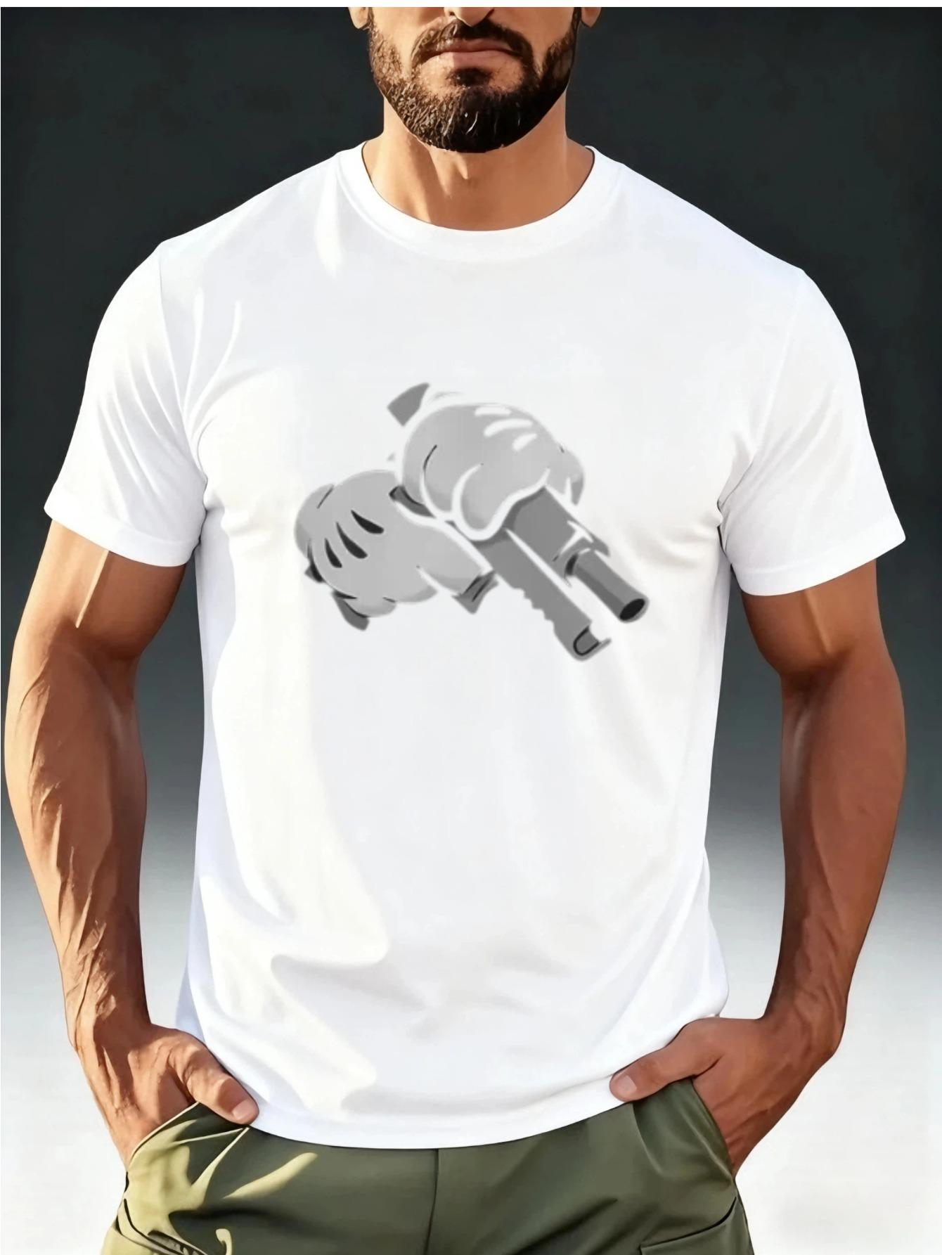 Men s Funny Gun Print T-Shirt with Gun & Glove Design - Casual Short Sleeve Round Neck Summer Top XXL