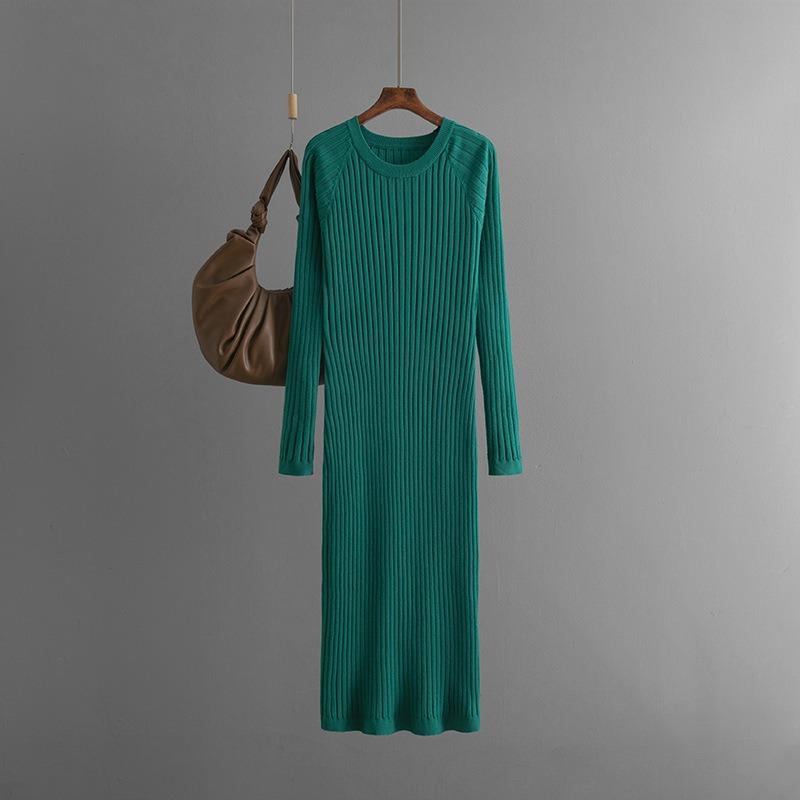 Medium and long over-the-knee sweater skirt for women's autumn and winter new round neck pit strip with bottom-up knitted dress
