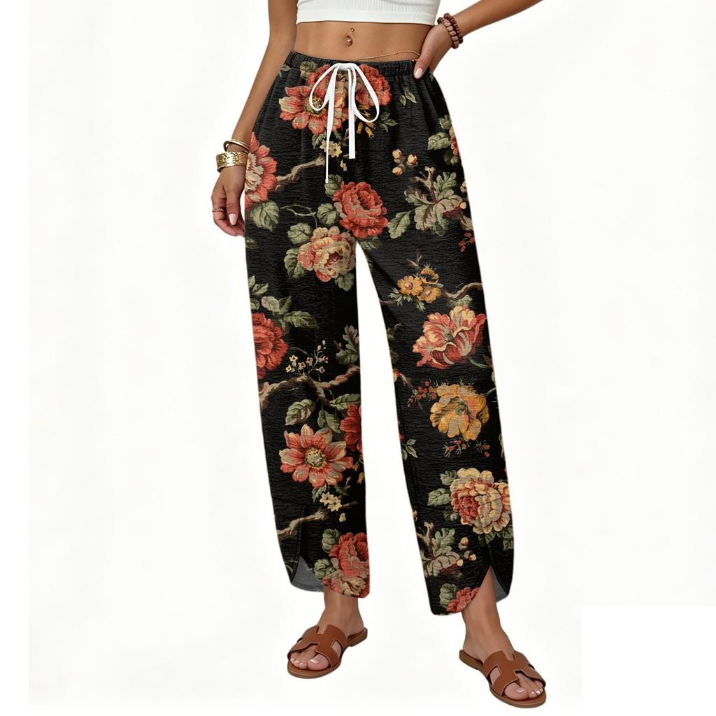 Women's Casual Straight Leg Wide Leg Drawstring Print Pants