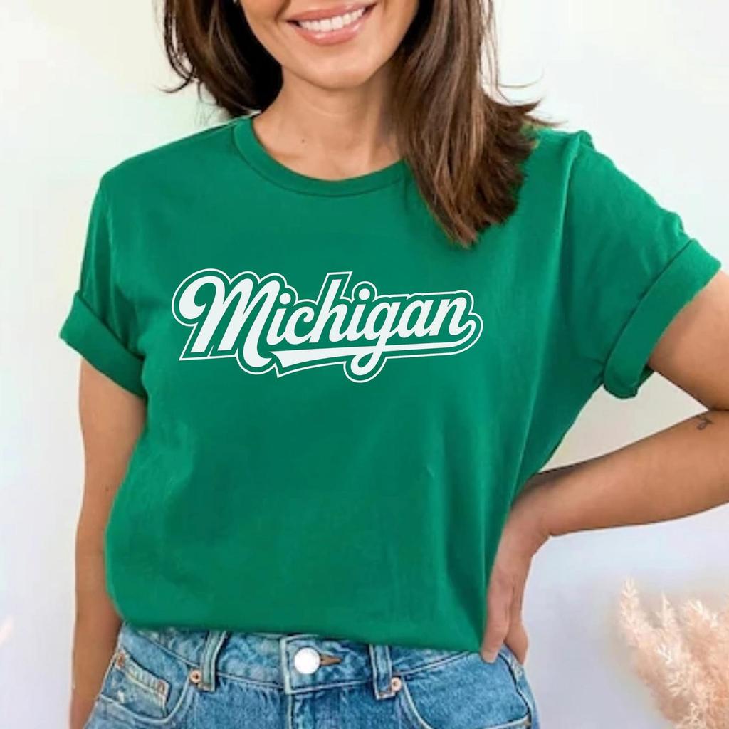Michigan T-Shirt – Classic Script Graphic Tee for Travelers, Locals, & College Fans