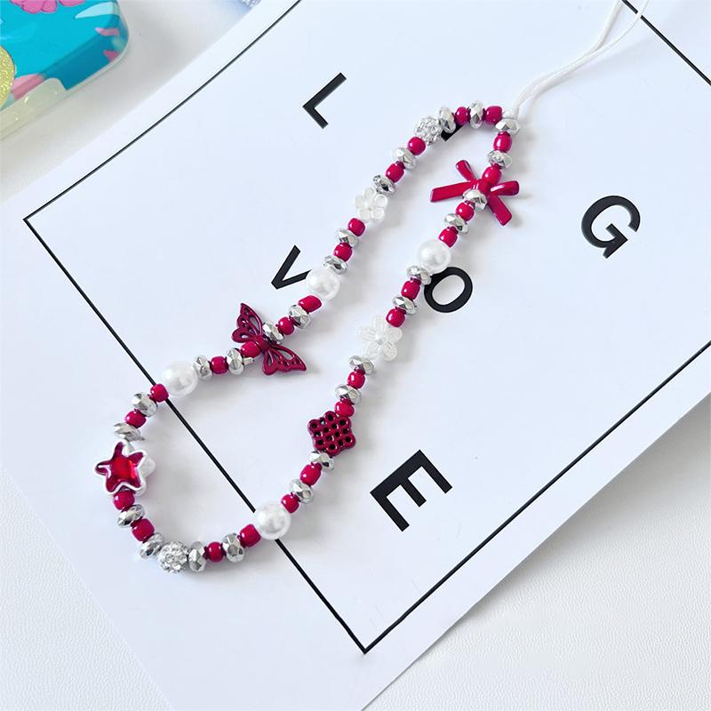 Strawberry Pearl Phone Chain Cherry Love Beads Pendant Charm Sweet Earphone Case Hanging Rope Anti-Lost Lanyard Strap Bag Decor