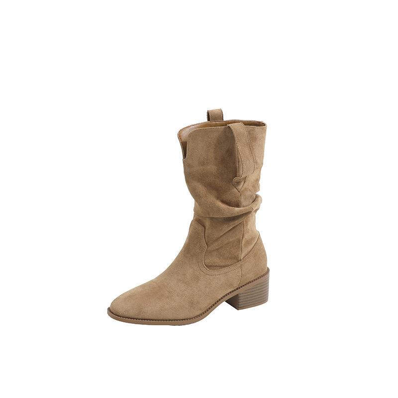 Retro cowboy boots spring and autumn pointed thick heel pleated pile short Martin boots knight boots