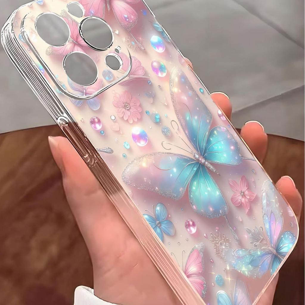 Powder Blue Butterfly Anti-Drop Transparent Case for iPhone 14/15/16/17 Pro Max