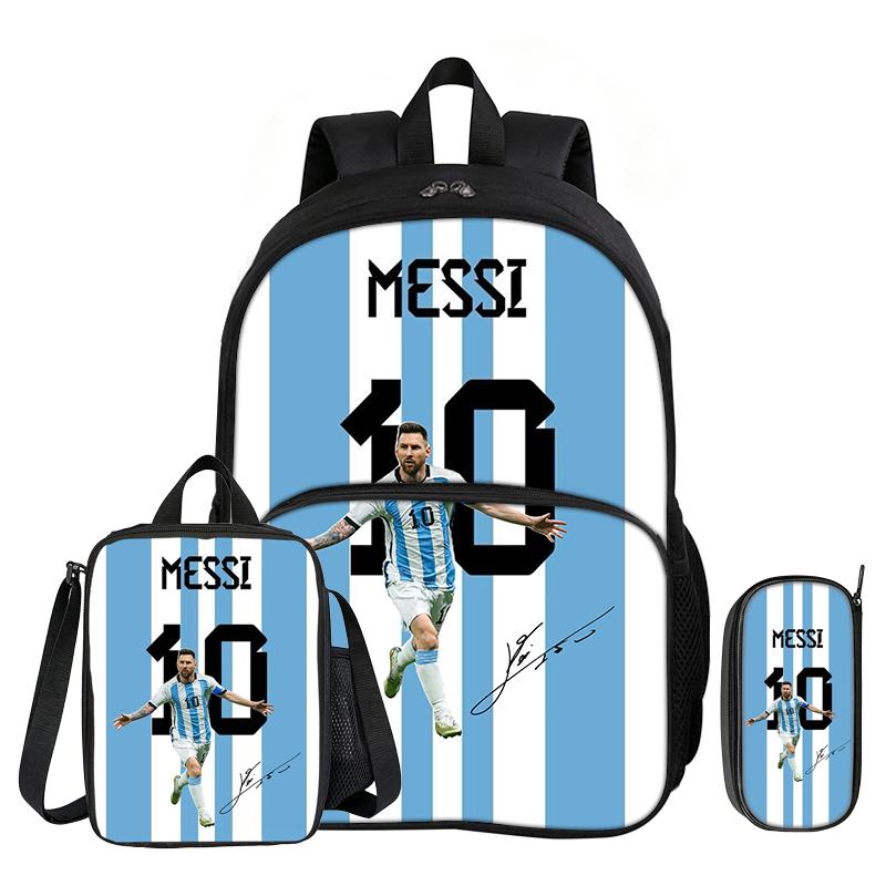 Leer, Reis Voetbalster Schooltas M-Messi 3 Delige set met Voorvak Rugzak Lunchtas, Etui, Sportrugzak