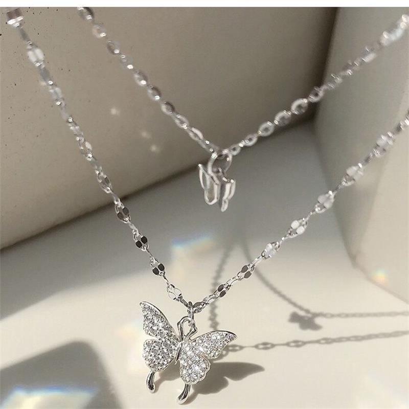"Korean Double-Layer Zircon Butterfly Necklace: Elegant Flash Diamond Clavicle Chain for Women"