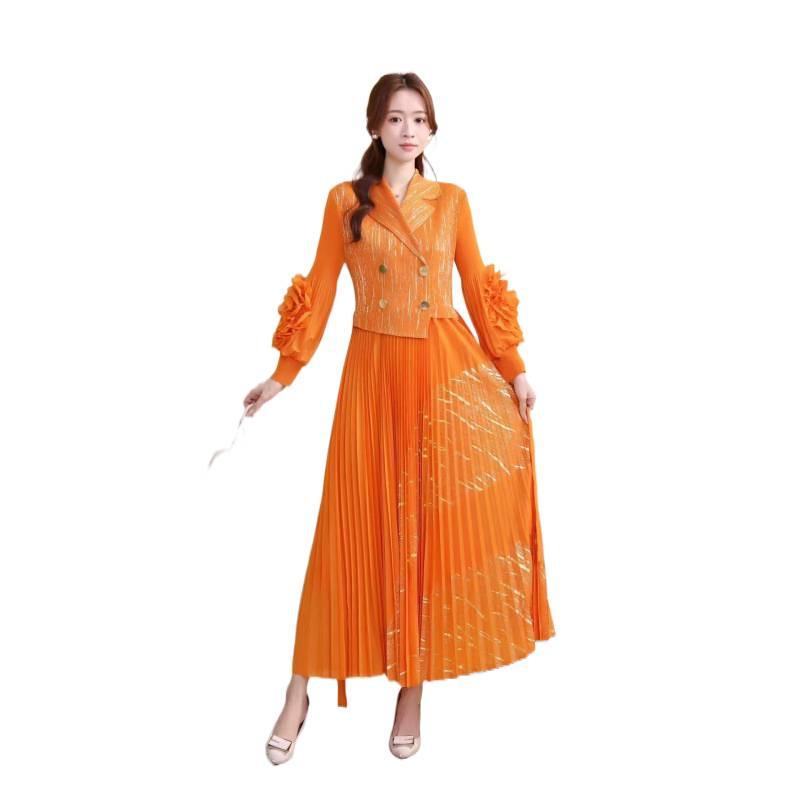 European and American Panhua 3D Floral Pleated Dress with Lantern Sleeves and Large Swing Skirt