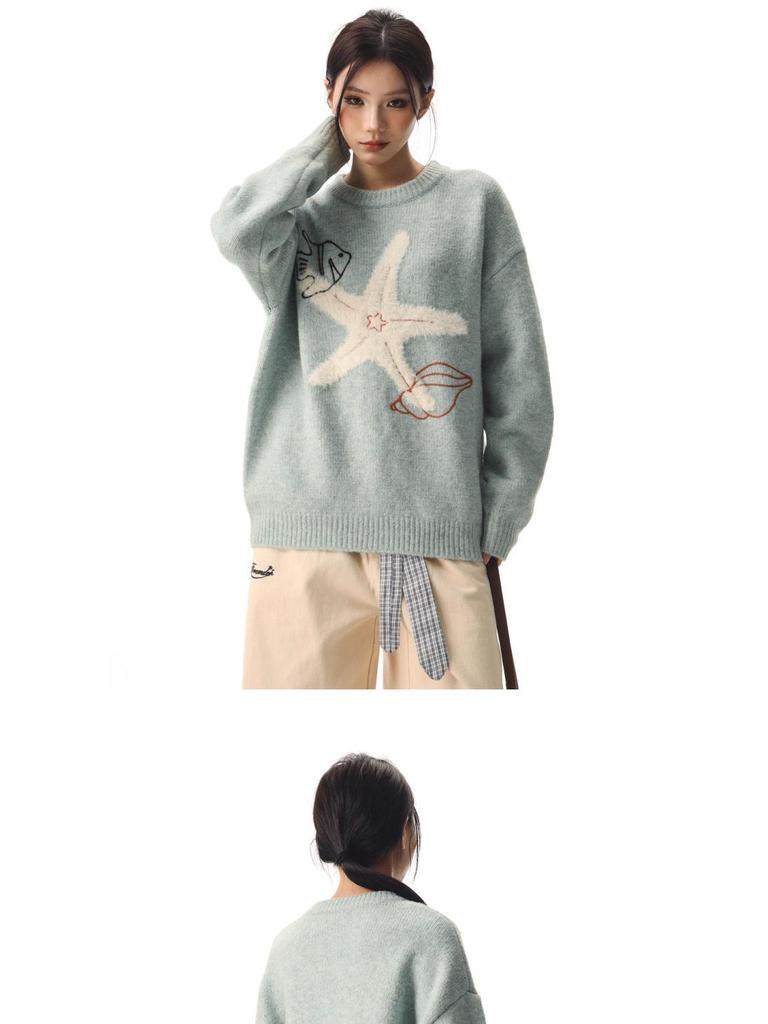 CTB Retro Sweter z Gwiazdą Piwną i Rozgwiazdą - Unisex Luźny Krój z Haftem Muszli na Jesień/Zimę