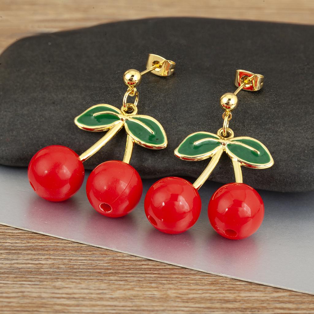 Nidin New Fashion Cherry Shape Glossy Drop Earrings For Women Female Anniversary Party Sweet Temperament Style Ear Jewelry Gifts