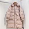 Down Jacket Women's Medium and Long Hooded Thickened Large Size Loose Quilt Winter White Duck Down Threaded Cuff Jacket