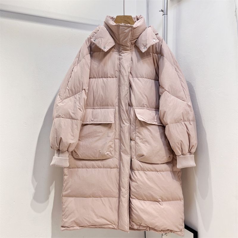 Down Jacket Women's Medium and Long Hooded Thickened Large Size Loose Quilt Winter White Duck Down Threaded Cuff Jacket