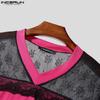 INCERUN Men Casual V Neck Short Sleeve Lace Sheer Patchwork Tops