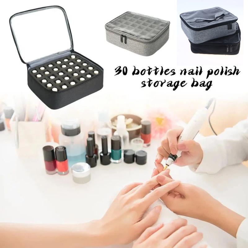 30-Slot Nail Polish Storage Bag, Black Gray Portable Hand-Held Large Cosmetic Bag, Holds Up To 30 Bottlessmall Clear Nail Polish