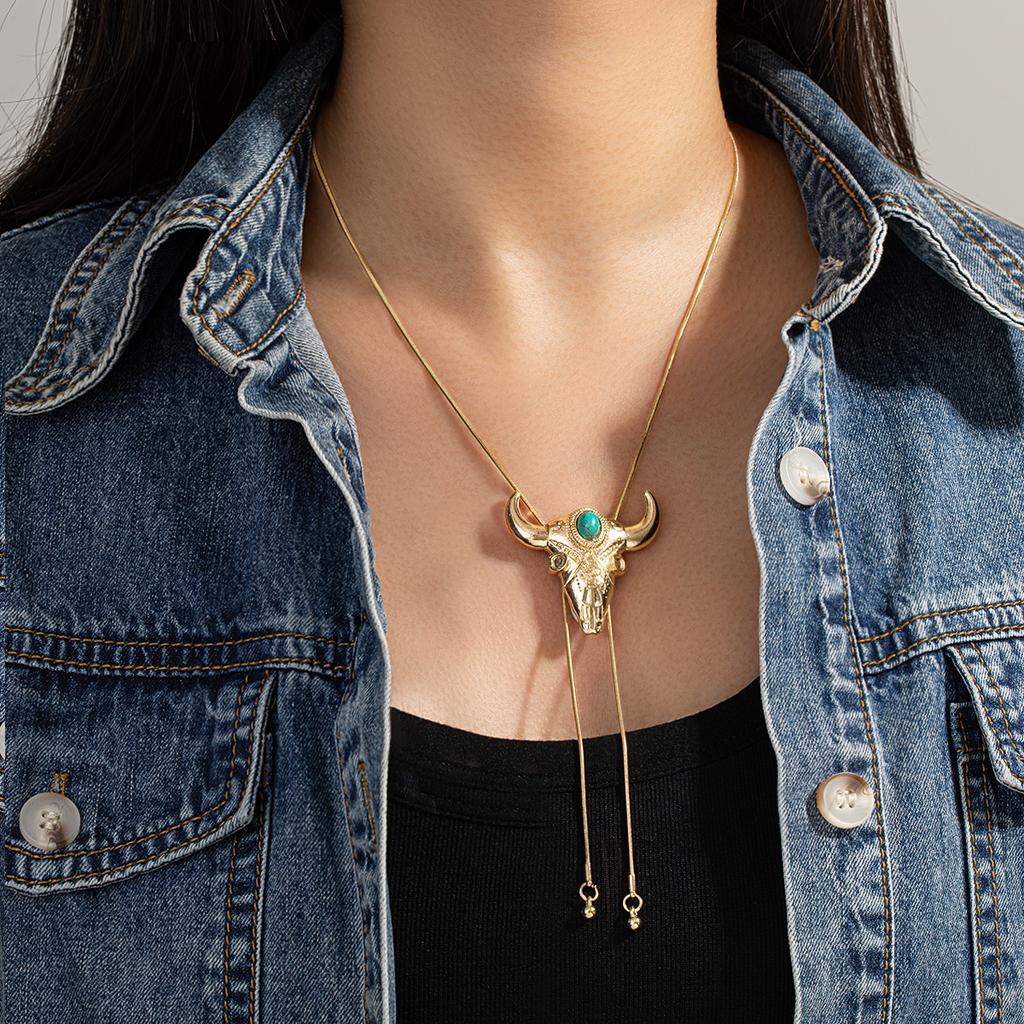 European and American Style Bull Skull Pendant Necklace, Gold Snake Chain with Turquoise Drawstring Style