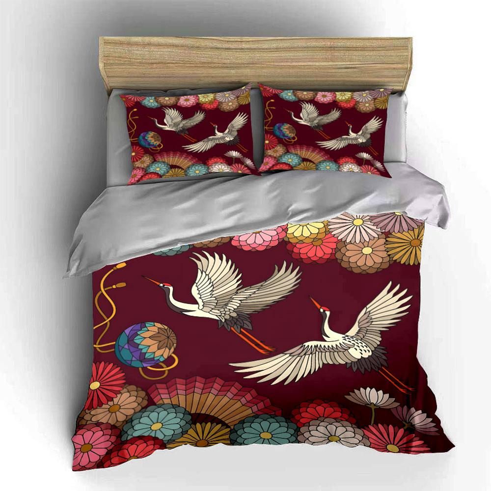 Floral Crane Pattern Decor Set Multiple Sizes Kid'S And Adults' Bedroom Exquisite 3Pc Bedding Set, Gift