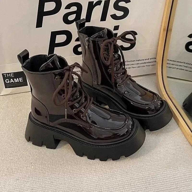 Lace-up Office and Career Women's Boots Side Zipper Fashion 2024 Brand Women's Shoes Front High Quality Round Toe Ankle Boots