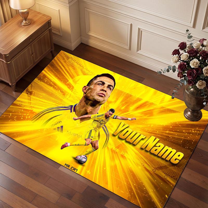 Cristiano Ronaldo Custom Crystal Velvet Rug, Personalized Name Text Print, Football Logo Soft Non‑Slip Floor Mat Home Decor Gift