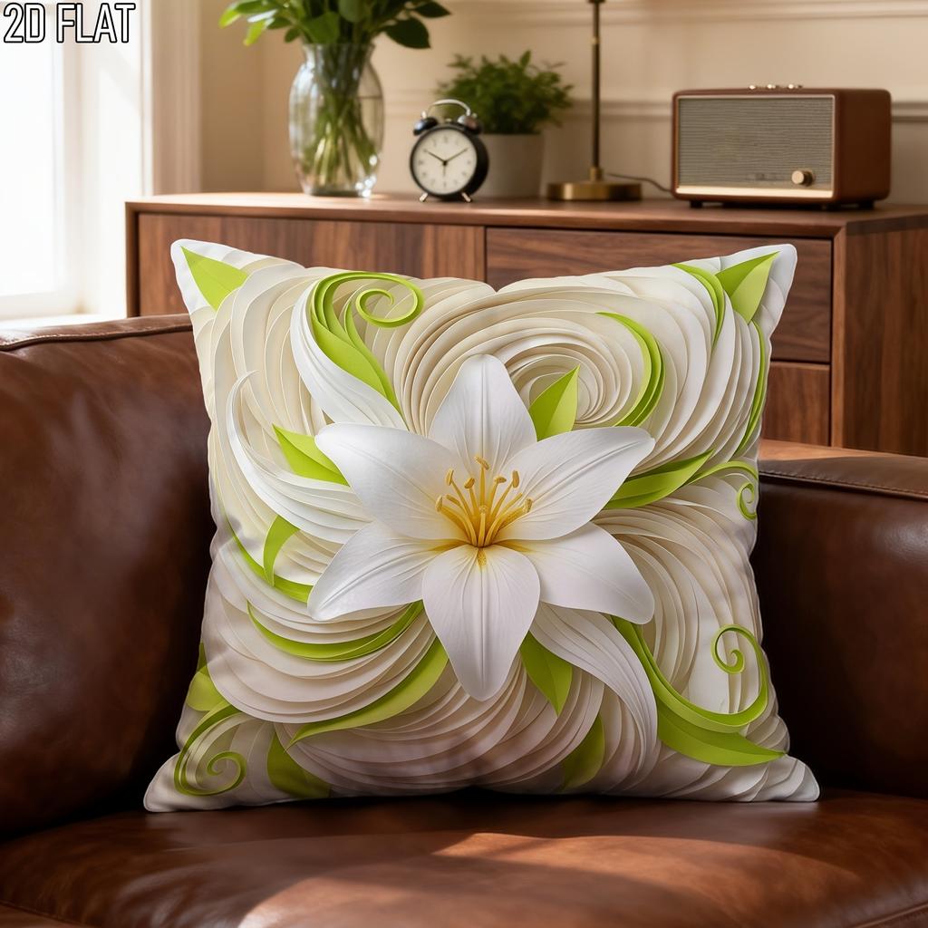2D-Effekt Weiße Lilie Blumendruck Kissenbezug, Dekoratives Kissen im Faux-Stickerei-Stil für Wohnzimmer Schlafzimmer Sofa