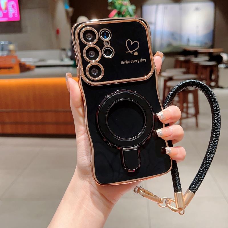 Wavy Frame Wrist Strap Phone Case for Samsung Galaxy S22 S23 S24 S25 Ultra Plus Edge A55 A54 A56 A36 A24 Silicone Soft Protective Cover Magnetic Stand