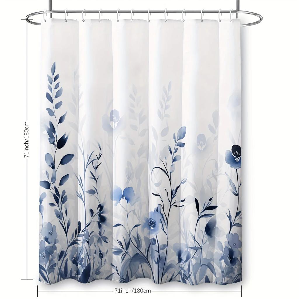 Elegantes Blau-Weißes Aquarell-Blumenmuster Wasserdichter Duschvorhang – Perfekt, um Ihrem ein ruhiges Ambiente zu verleihen