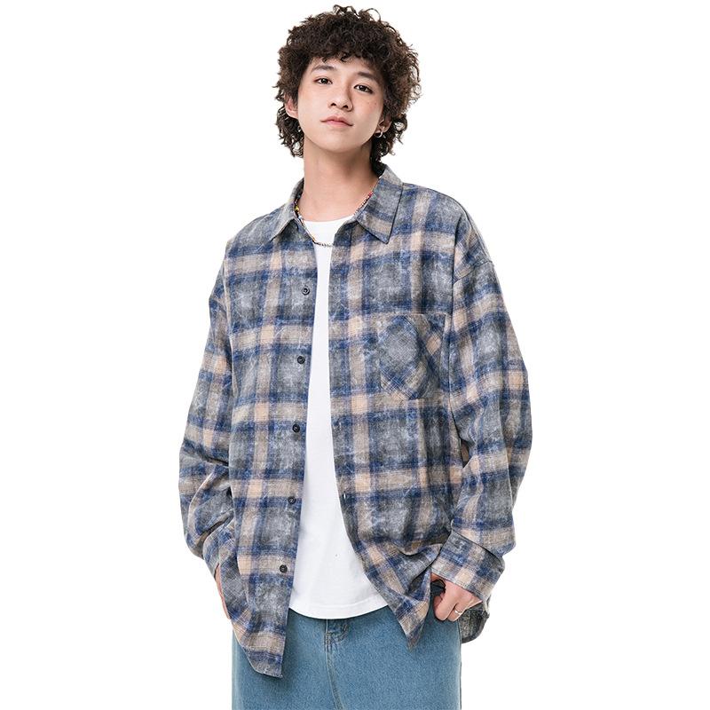 New Japanese Mid-length Shirt for Spring for Men's Fashion Trend Casual Plaid Shirt
